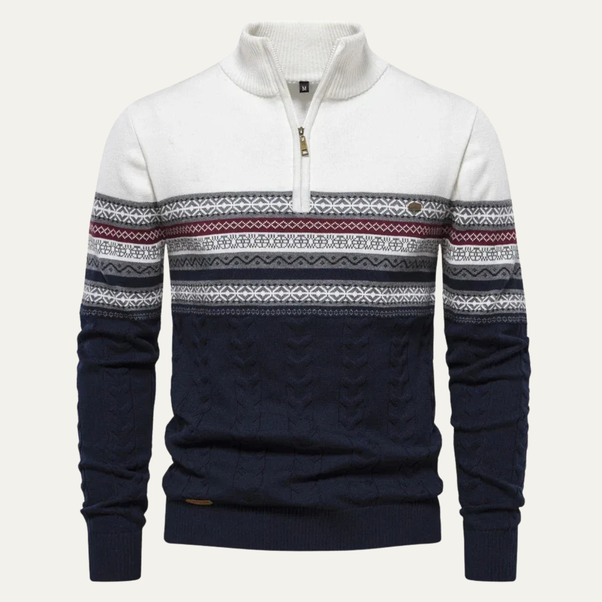 Men's quarter-zip cotton sweater in white and dark navy Fair Isle knit pattern