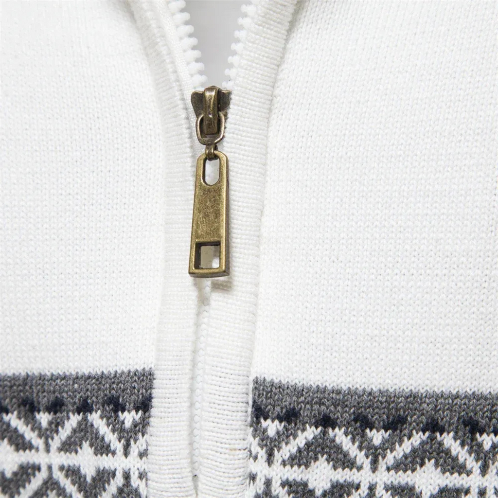 Quarter-zip cotton sweater zipper and Fair Isle pattern trim on chest