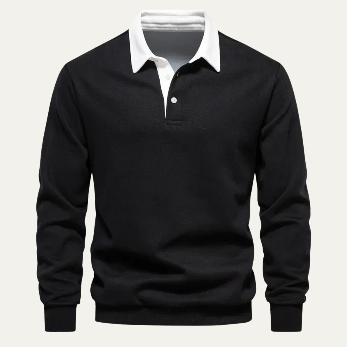 Men's black long-sleeve knit polo shirt with white contrast collar and 3-button placket
