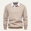Men's long-sleeve knit polo shirt in khaki with white collar and 3-button placket