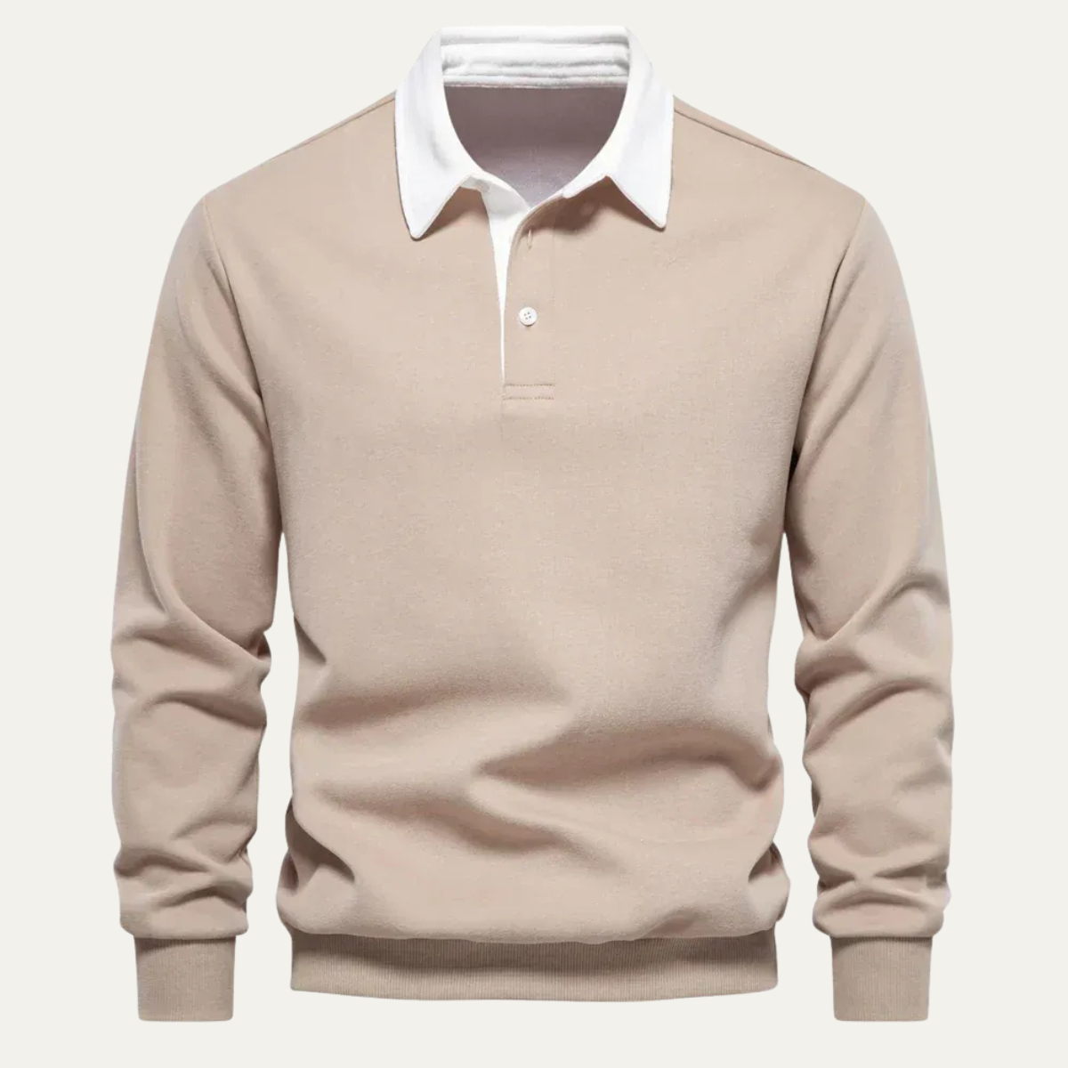 Men's long-sleeve knit polo shirt in khaki with white collar and 3-button placket