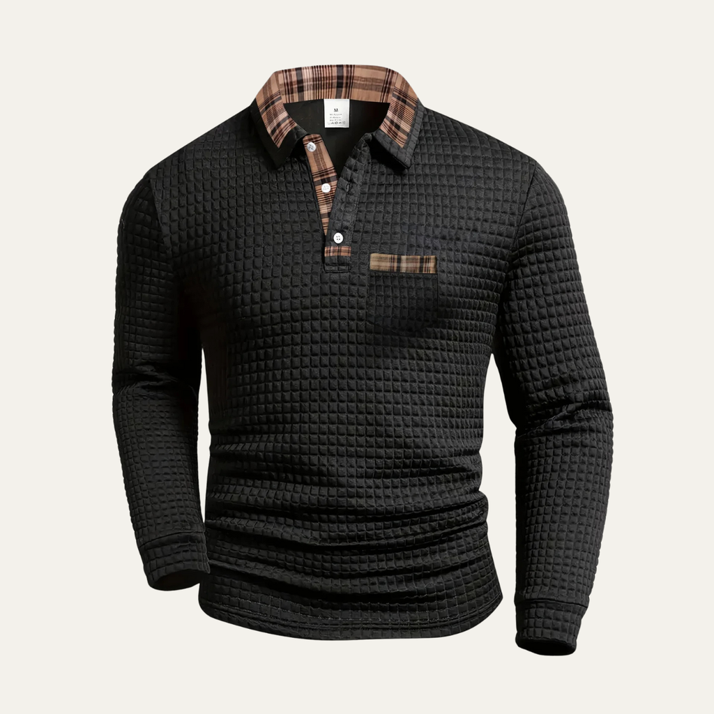 Men's black waffle-knit polo sweater with plaid collar and button placket, chest pocket