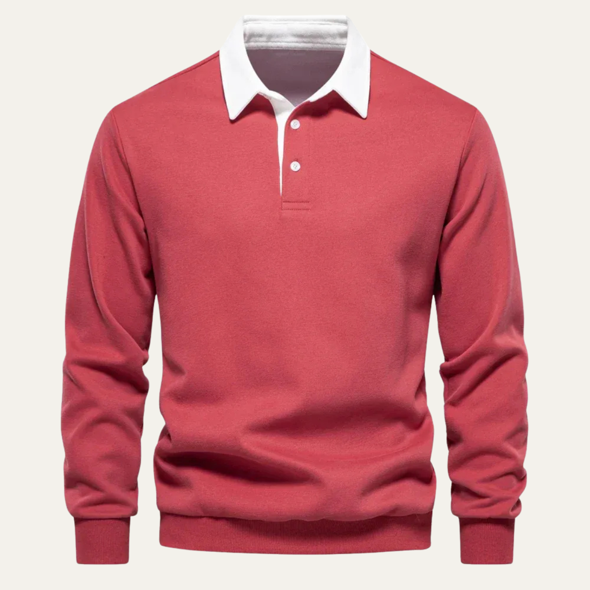 Men's red long-sleeve knit polo shirt with white contrast collar and 3-button placket