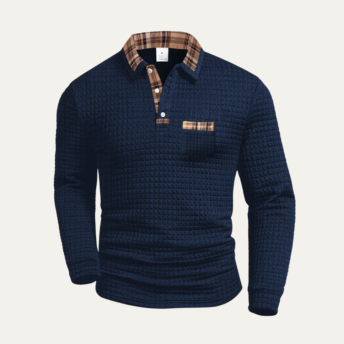 Men's dark blue waffle-knit polo sweater with plaid collar and chest pocket