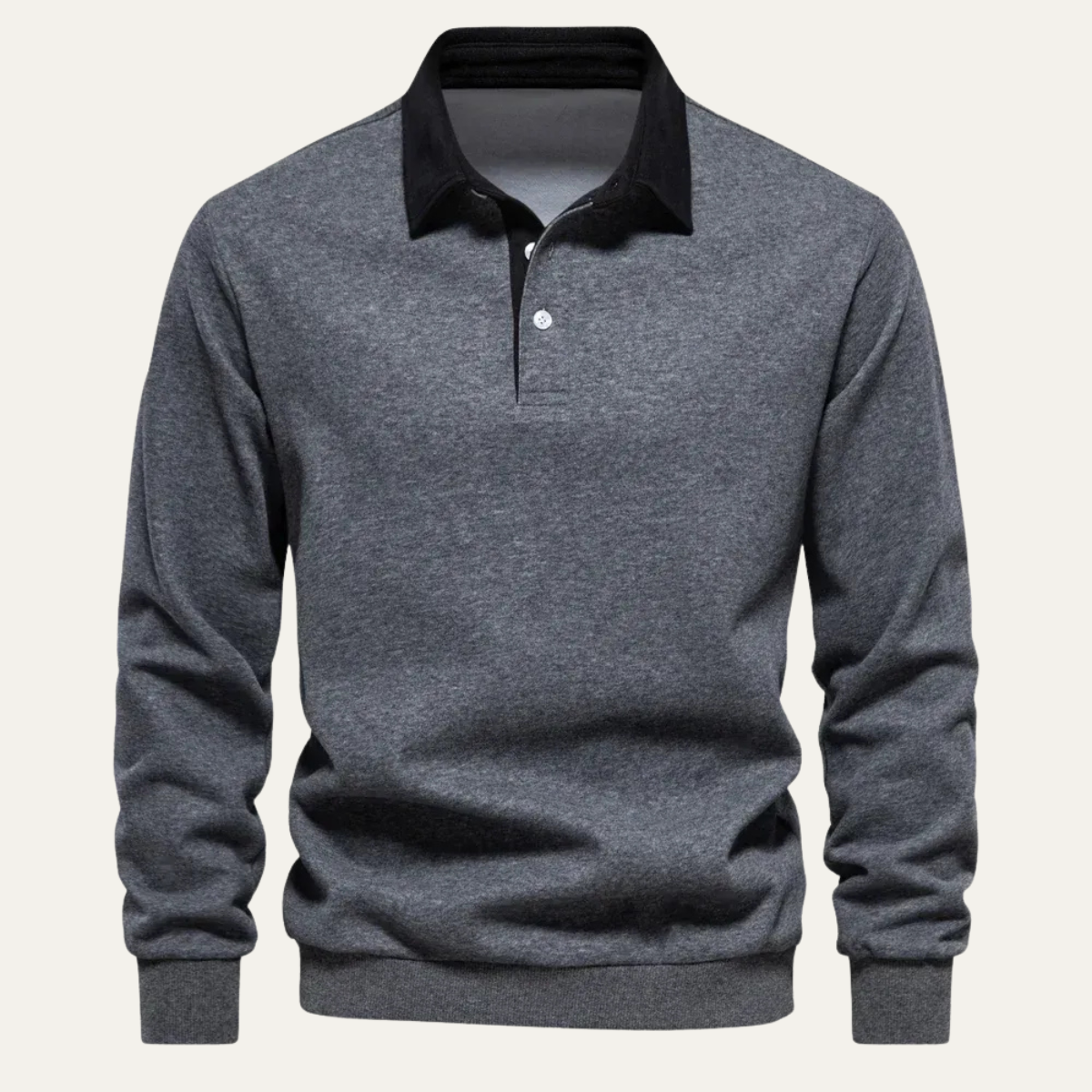 Men's long-sleeve knit polo shirt in dark gray with black collar and 3-button placket