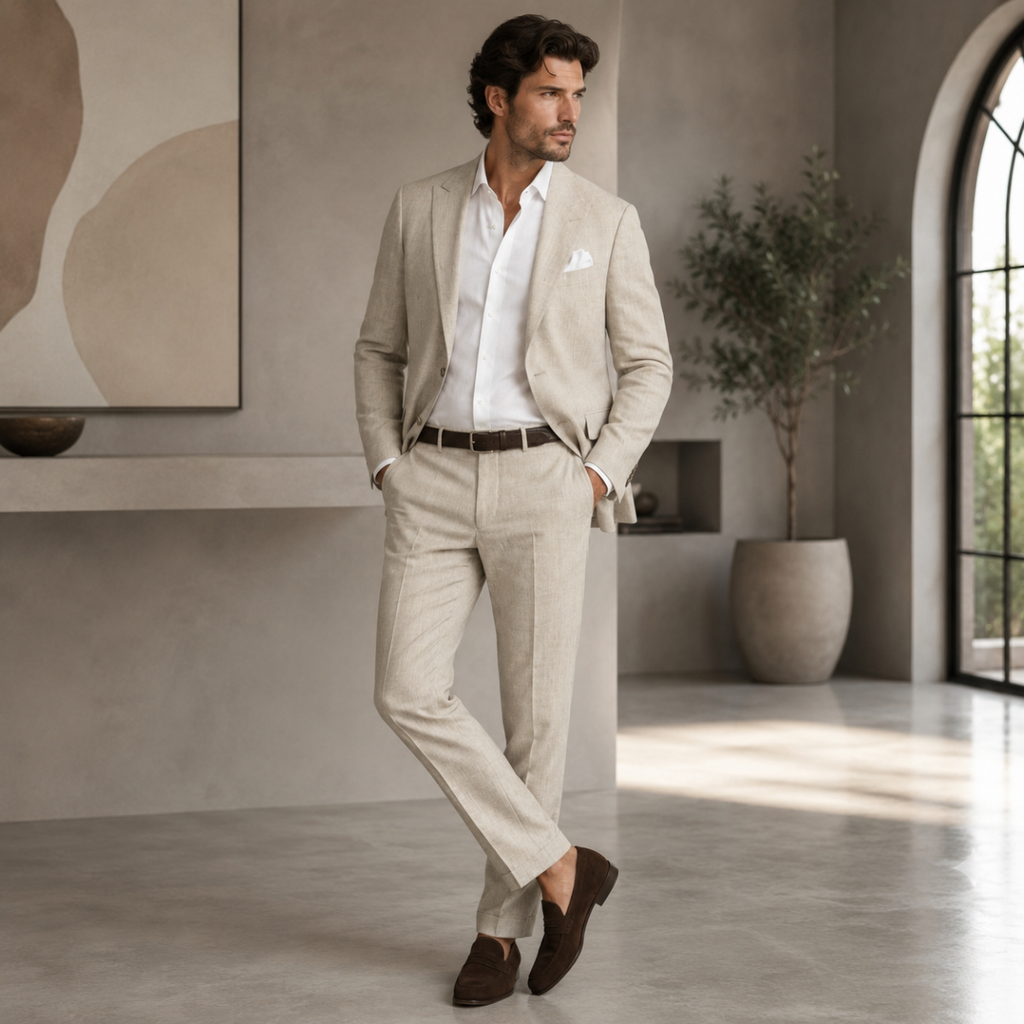 Men’s linen slim-fit 2-piece suit with beige blazer and matching trousers