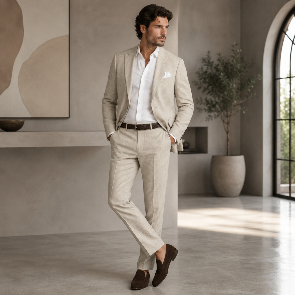 Men’s linen slim-fit 2-piece suit with beige blazer and matching trousers