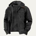 Black fleece-lined hooded windbreaker jacket with full front zipper and zip pockets