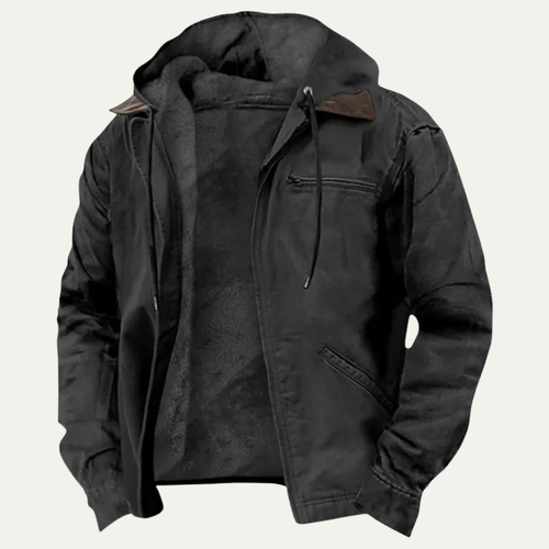 Black fleece-lined hooded windbreaker jacket with full front zipper and zip pockets