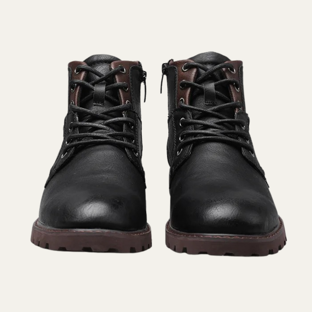 Black leather lace-up combat boots with rubber tread sole and padded collar