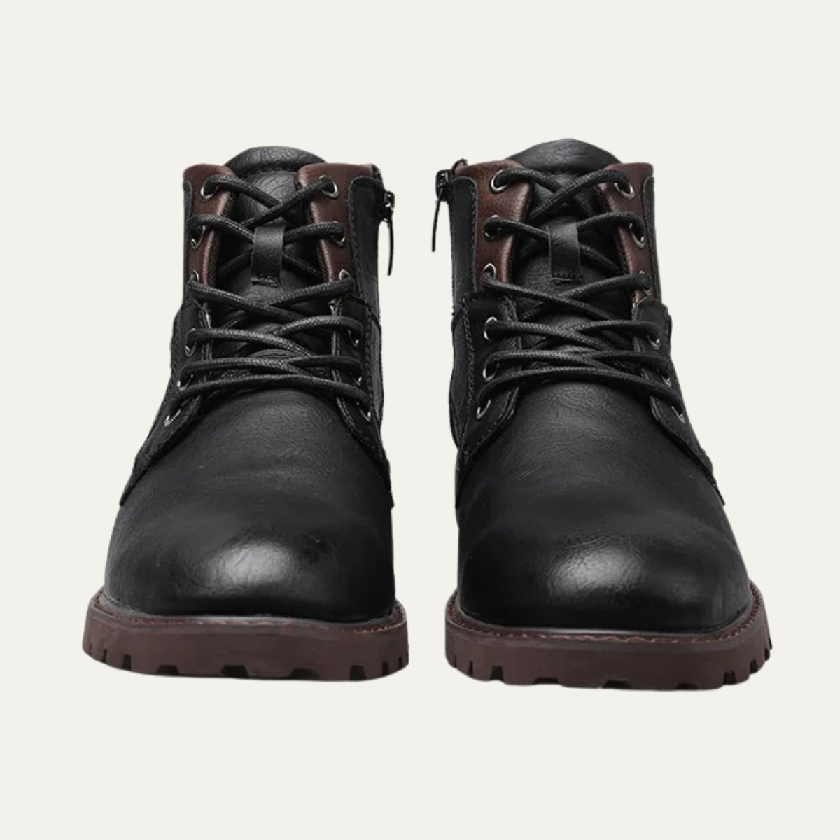 Black leather lace-up combat boots with rubber tread sole and padded collar