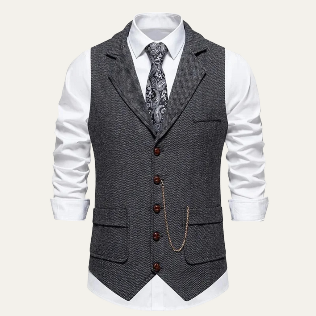 Men's dark gray tweed suit vest with notch lapels, five-button front, welt pockets