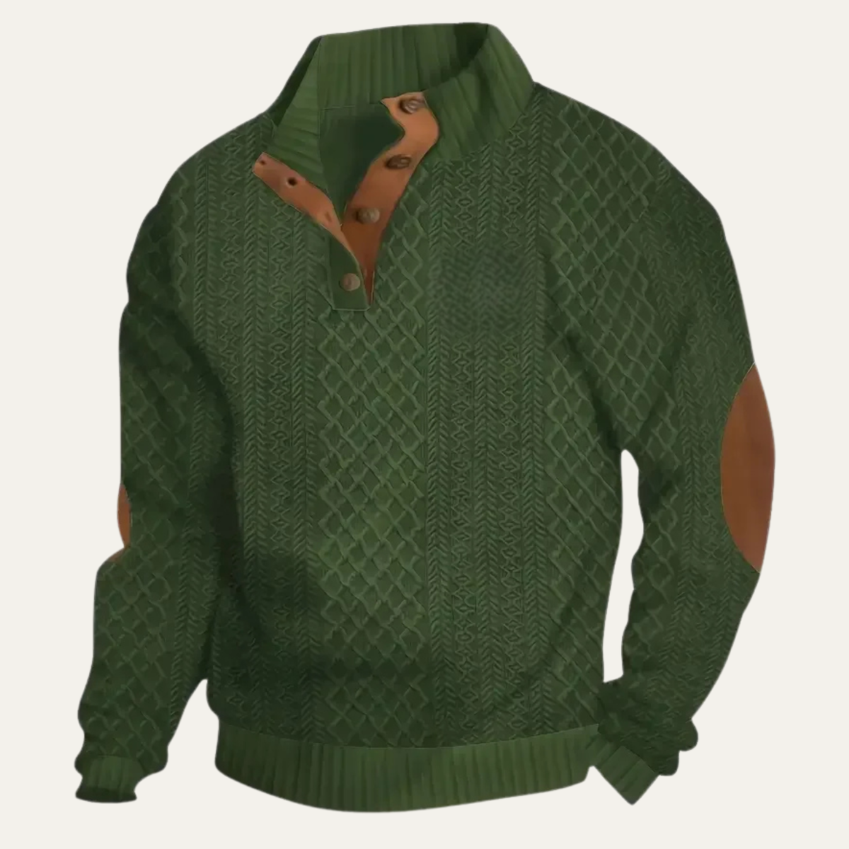 Men's patterned fleece sweater with suede elbow patches, buttoned half placket, green