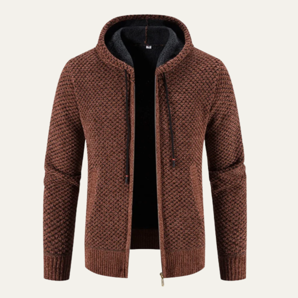 Brown textured zip-up hoodie with hood and fleece lining, front zipper and kangaroo pocket
