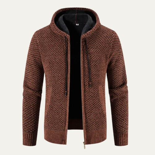 Brown textured zip-up hoodie with hood and fleece lining, front zipper and kangaroo pocket