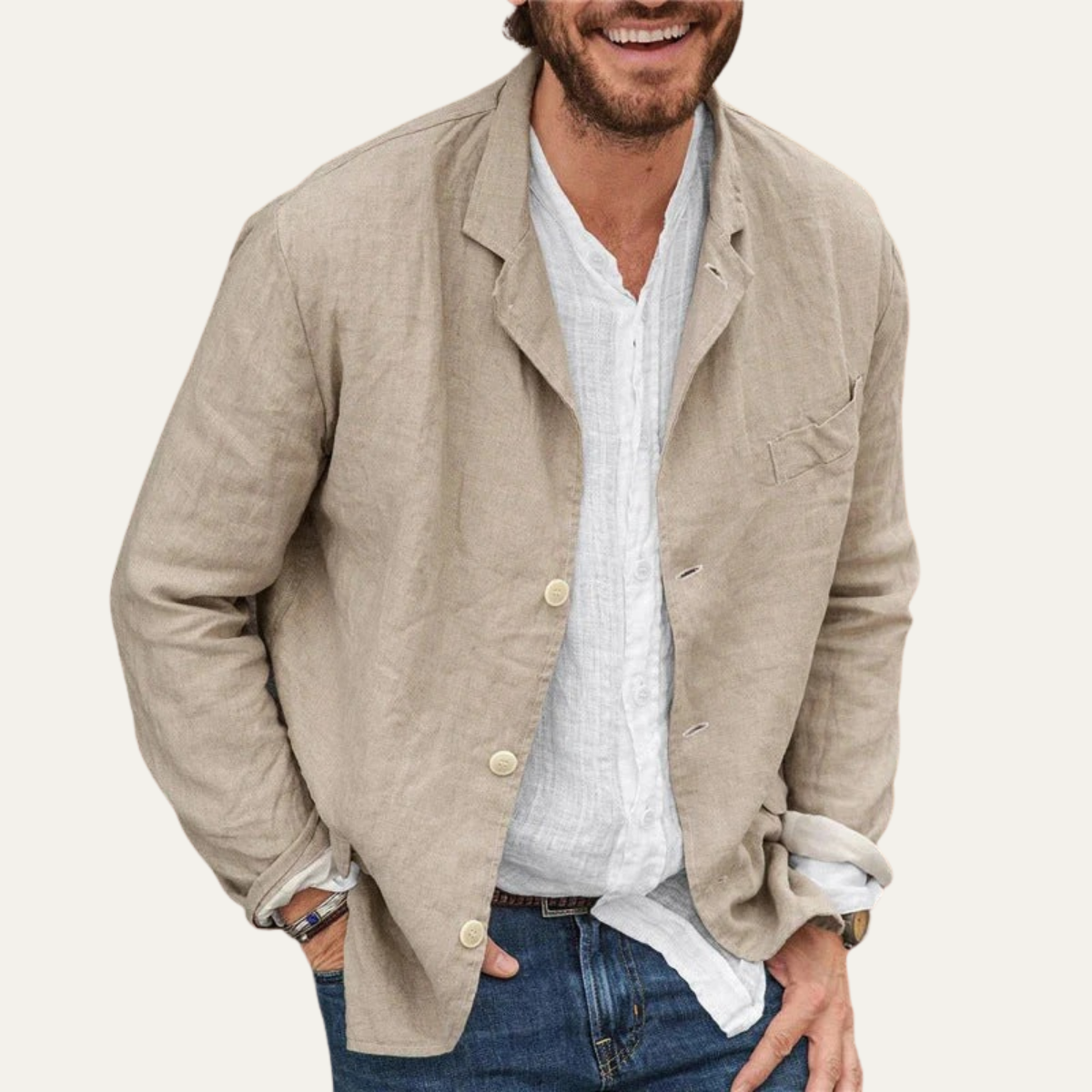 Men's lightweight blazer jacket, khaki/beige with two-button front and notch lapels