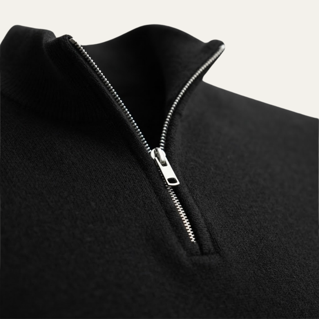 Black quarter-zip mock neck sweater detail, silver zipper and textured knit
