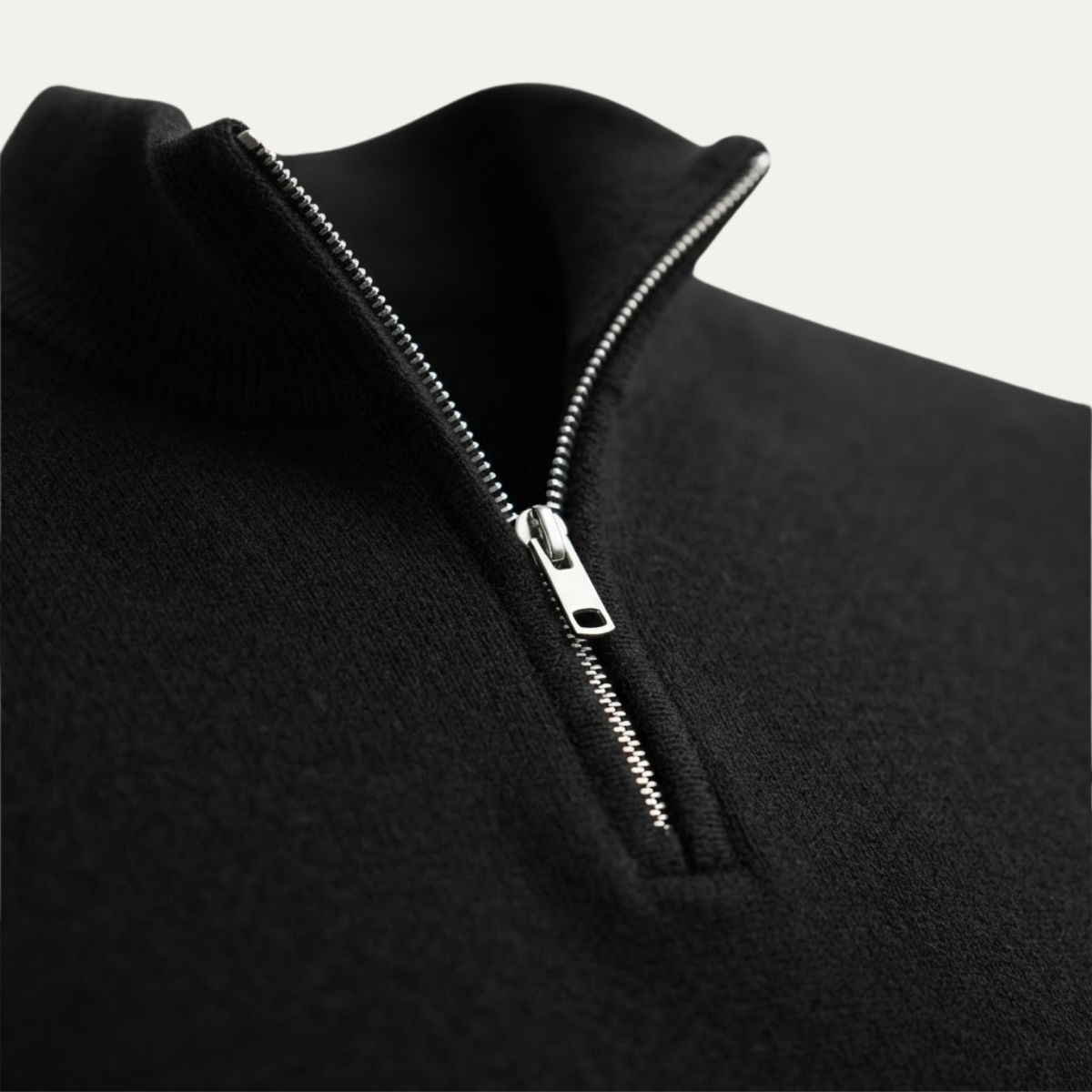 Black quarter-zip mock neck sweater detail, silver zipper and textured knit