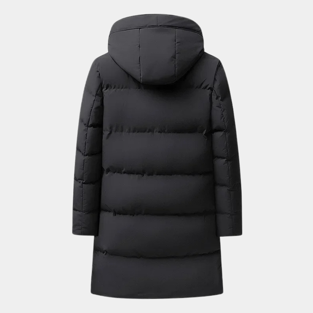 Black long hooded puffer jacket with quilted baffles, back view
