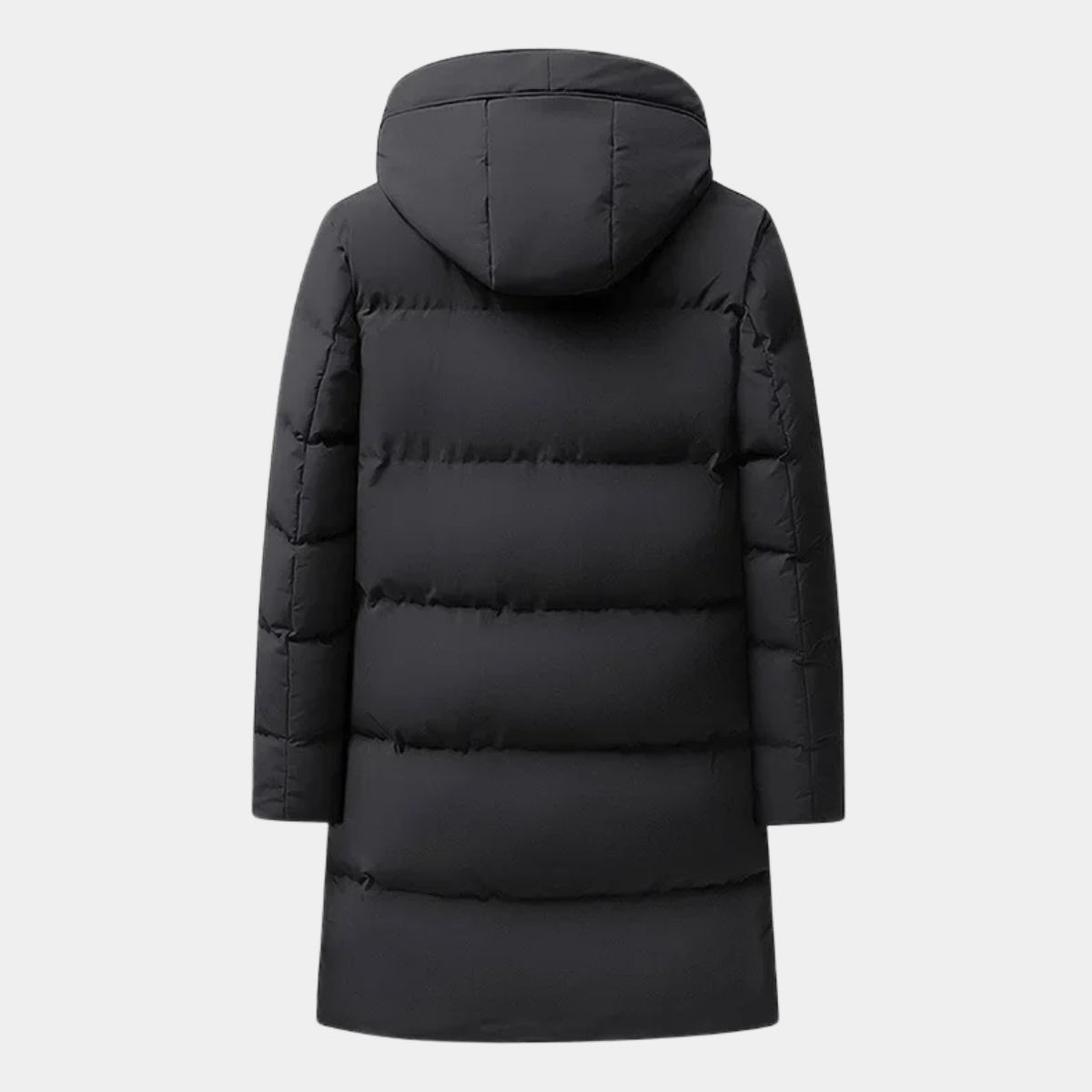 Black long hooded puffer jacket with quilted baffles, back view