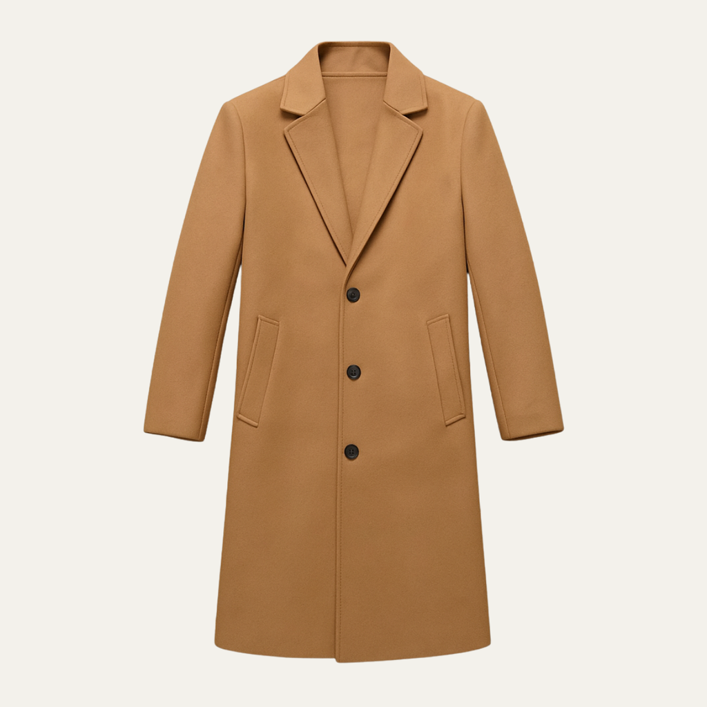 Men's khaki wool overcoat with notched lapels, 3-button front, side pockets