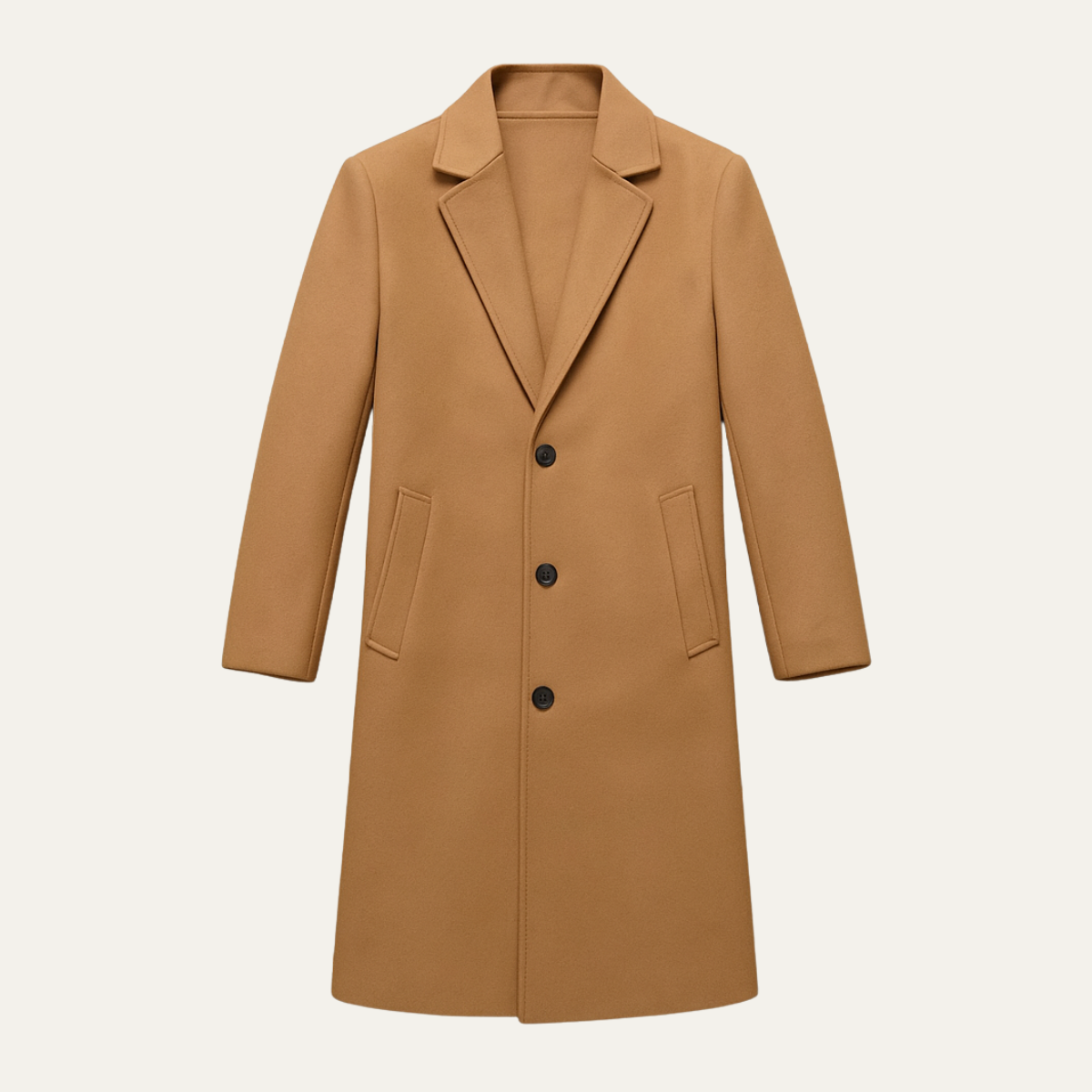 Men's khaki wool overcoat with notched lapels, 3-button front, side pockets