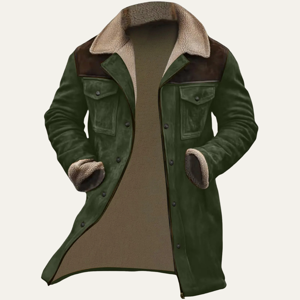 Olive green suede sherpa-lined jacket with button front, chest pockets, and sherpa collar