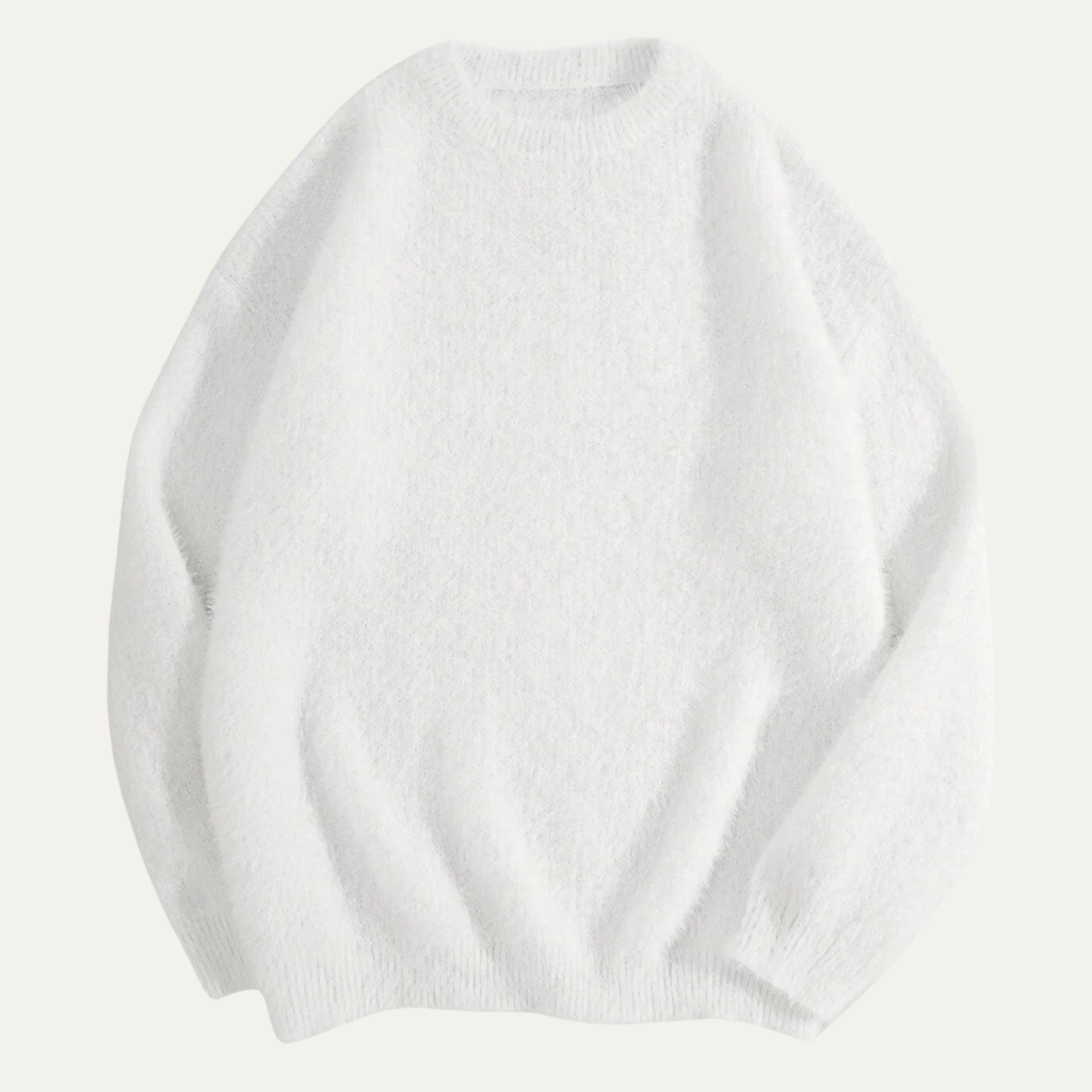 White crewneck cashmere sweater with ribbed hem and cuffs