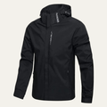 Black waterproof hooded rain shell jacket with storm flap and front zip