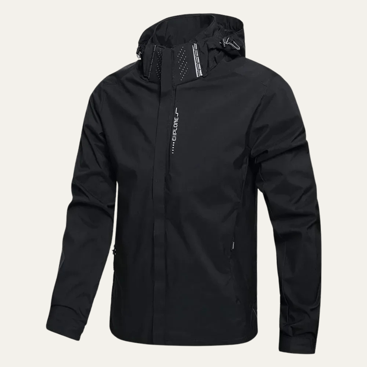 Black waterproof hooded rain shell jacket with storm flap and front zip