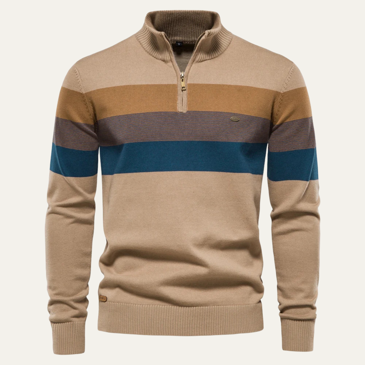 Khaki mock-neck half-zip sweater with brown and blue stripe patchwork