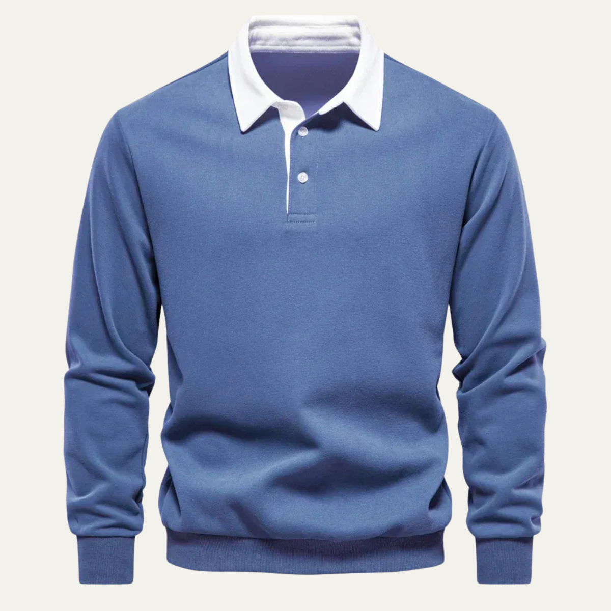 Men's long-sleeve knit polo shirt in denim blue with white collar and 3-button placket