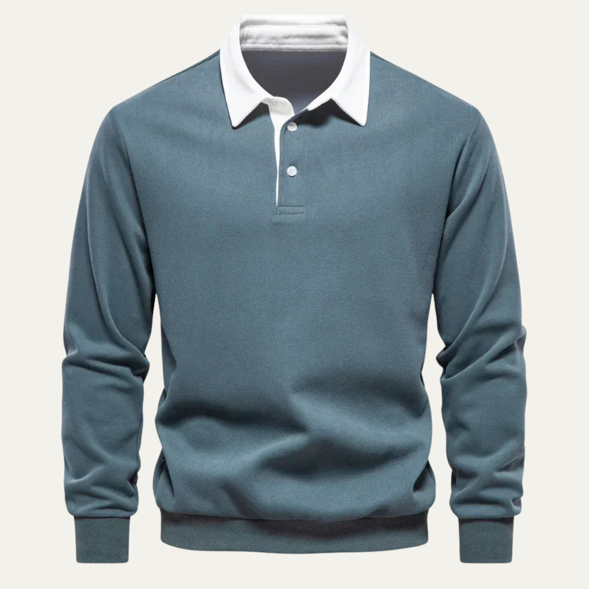 Men's long-sleeve knit polo shirt in green with white collar and button placket