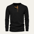 Men's black corduroy henley sweater with 3-button placket and ribbed cuffs