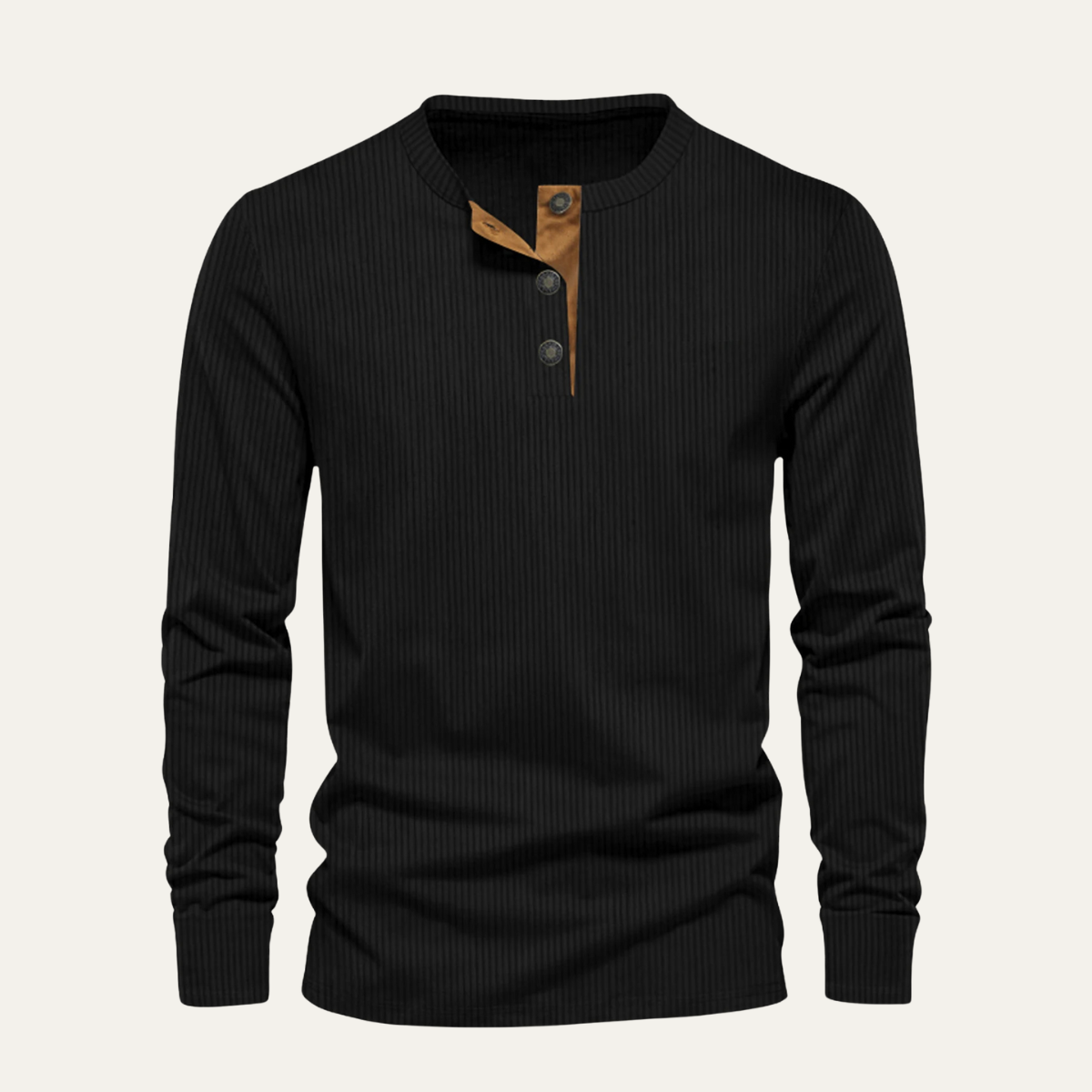 Men's black corduroy henley sweater with 3-button placket and ribbed cuffs