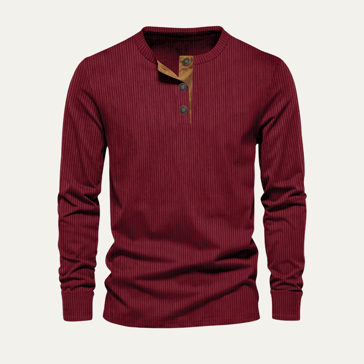 Men's burgundy corduroy henley sweater with 3-button placket and ribbed cuffs