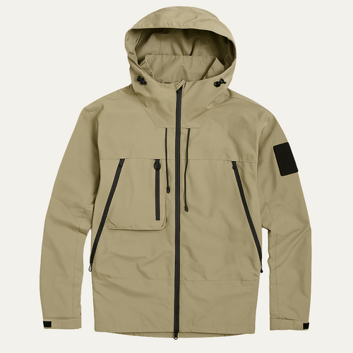 Khaki hooded windbreaker with full zip, drawstring hood, zip flap pockets, black trim