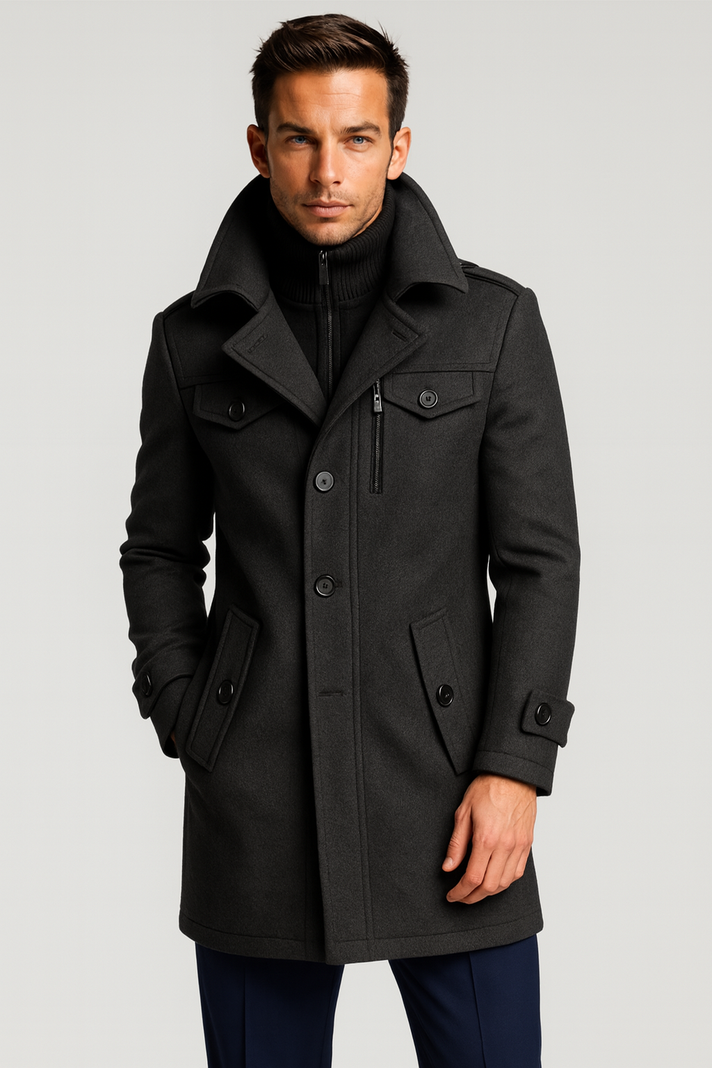 Men's gray insulated winter coat with stand collar, zipper front and side flap pockets