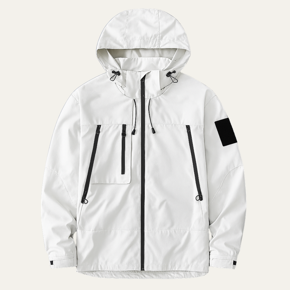 White hooded windbreaker with full zip, drawstring hood, zip flap pockets, black trim