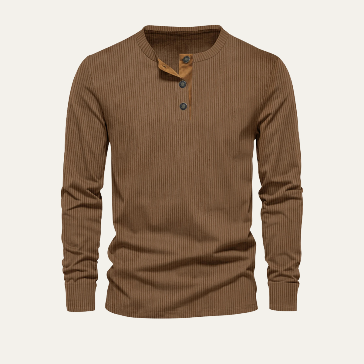 Men's brown corduroy henley sweater with 3-button placket and ribbed cuffs