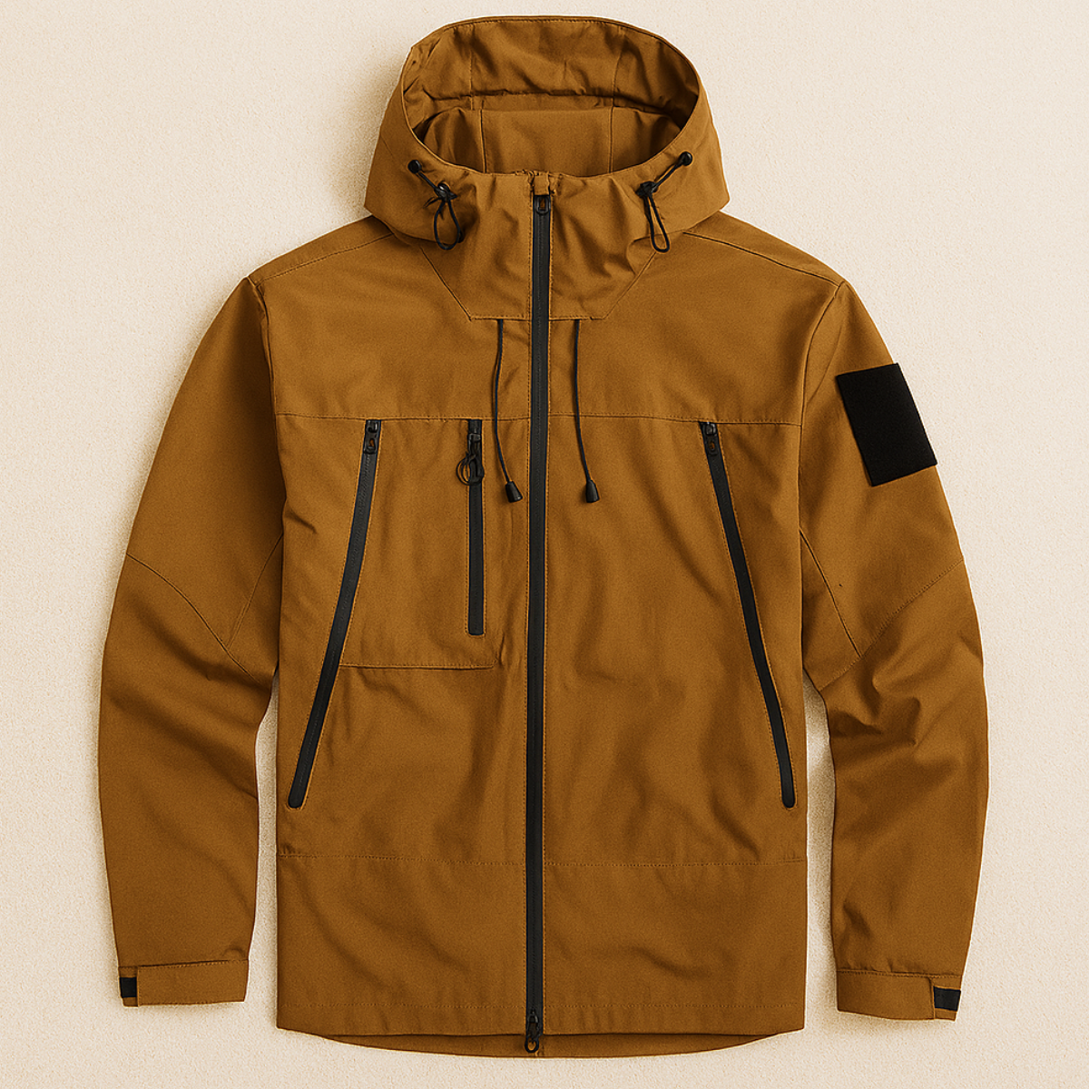 Brown hooded windbreaker with full zip, drawstring hood, zip flap pockets, black sleeve patch