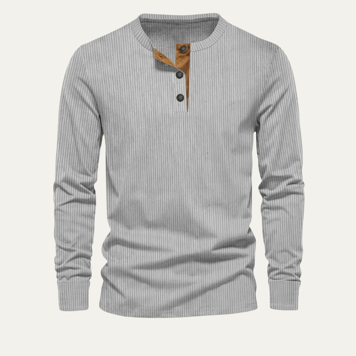 Men's gray corduroy henley sweater with 3-button placket and ribbed cuffs