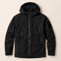 Black hooded windbreaker with full zip, drawstring hood, and zip flap pockets