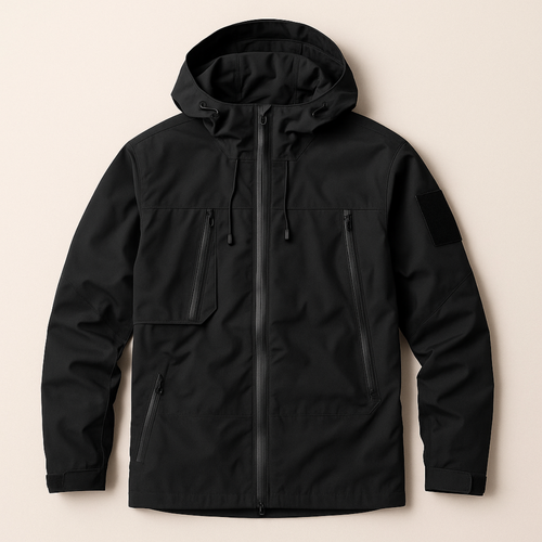 Black hooded windbreaker with full zip, drawstring hood, and zip flap pockets