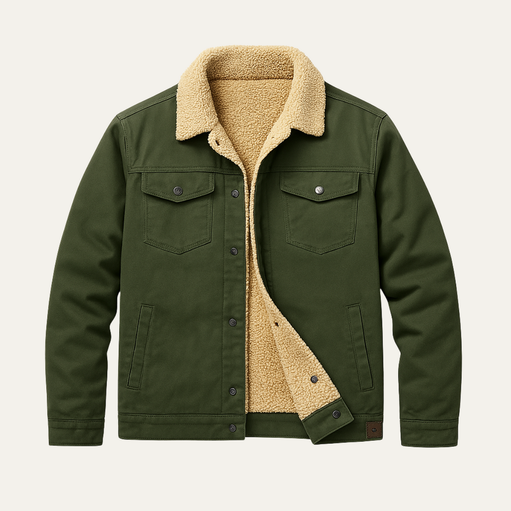 Men’s green fleece-lined outdoor jacket with sherpa collar and chest flap pockets