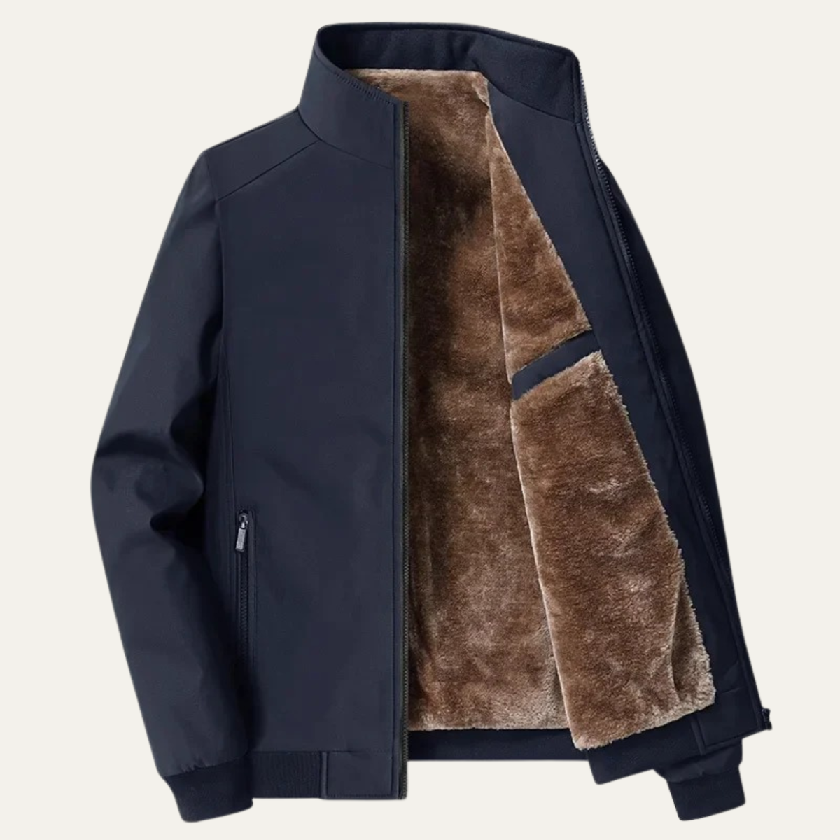 Dark blue men’s fleece-lined winter jacket with front zipper and brown fur lining.