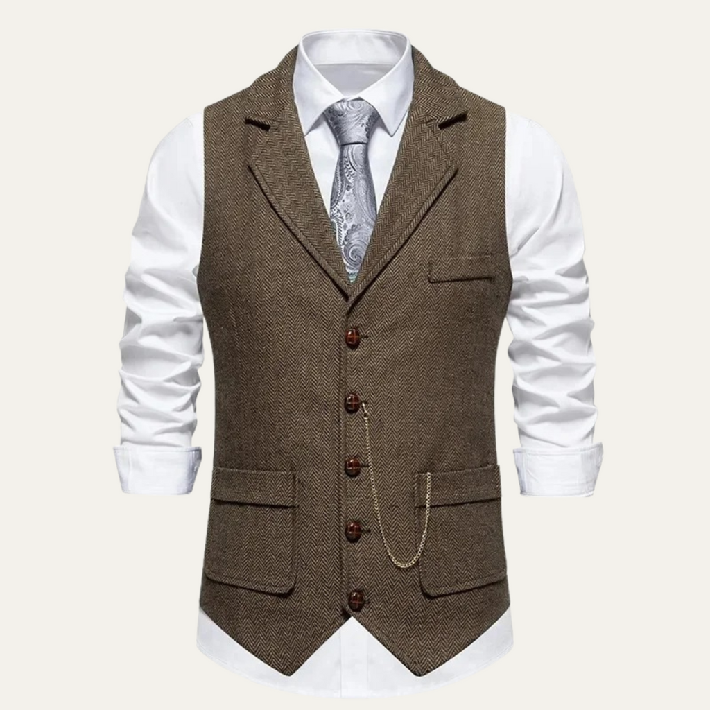 Men's coffee brown tweed suit vest with notch lapels, five-button front, welt pockets