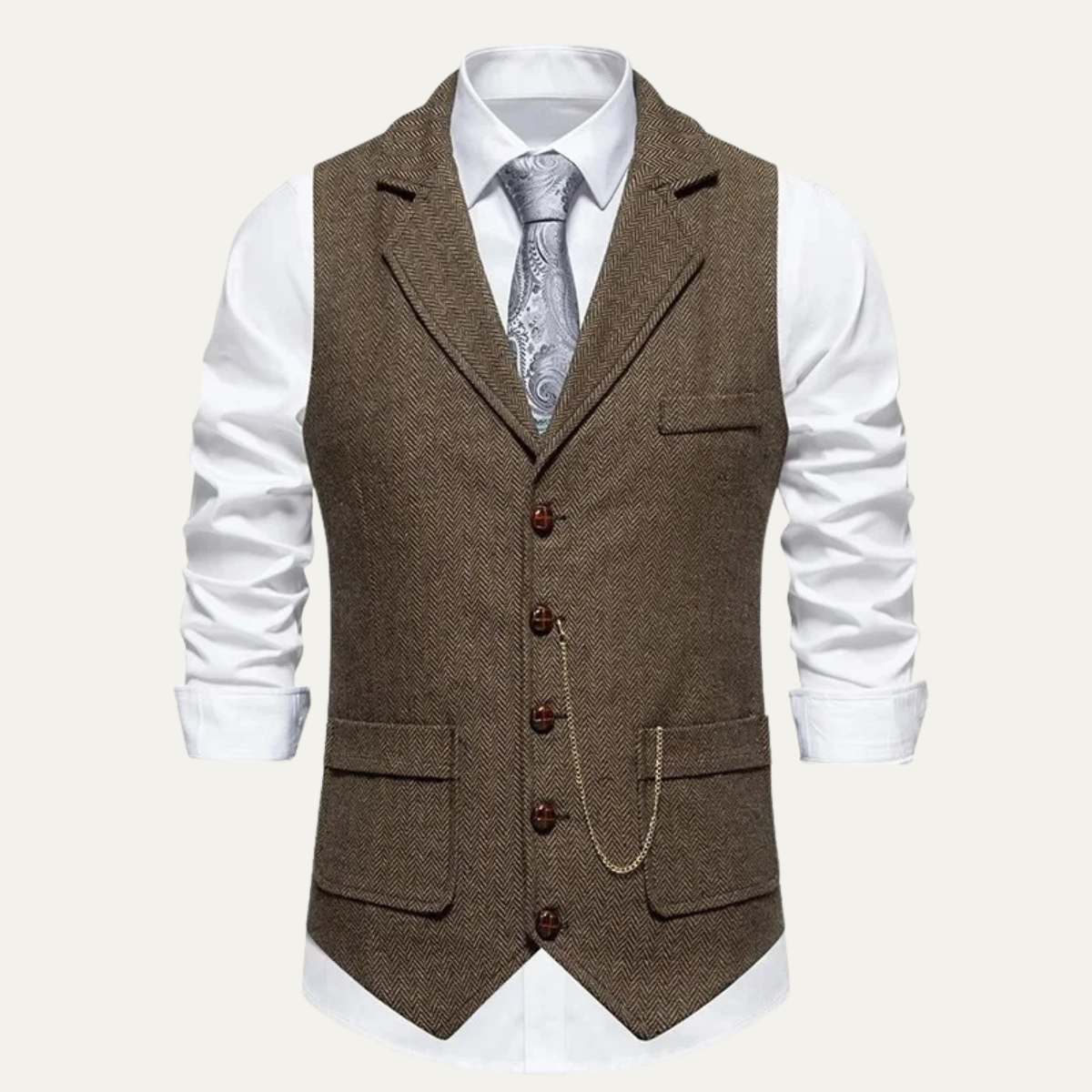 Men's coffee brown tweed suit vest with notch lapels, five-button front, welt pockets