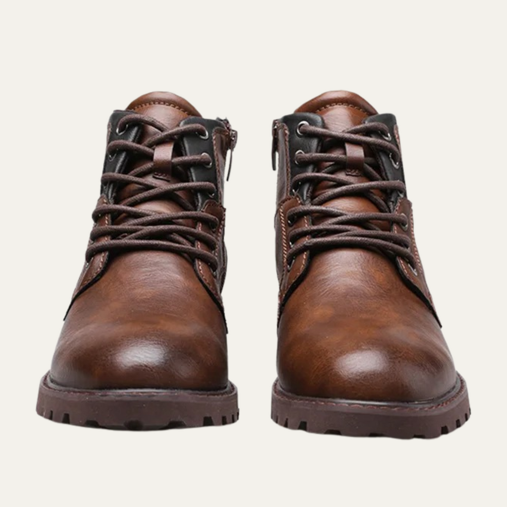 Brown leather lace-up boots with sturdy tread sole and rounded toe