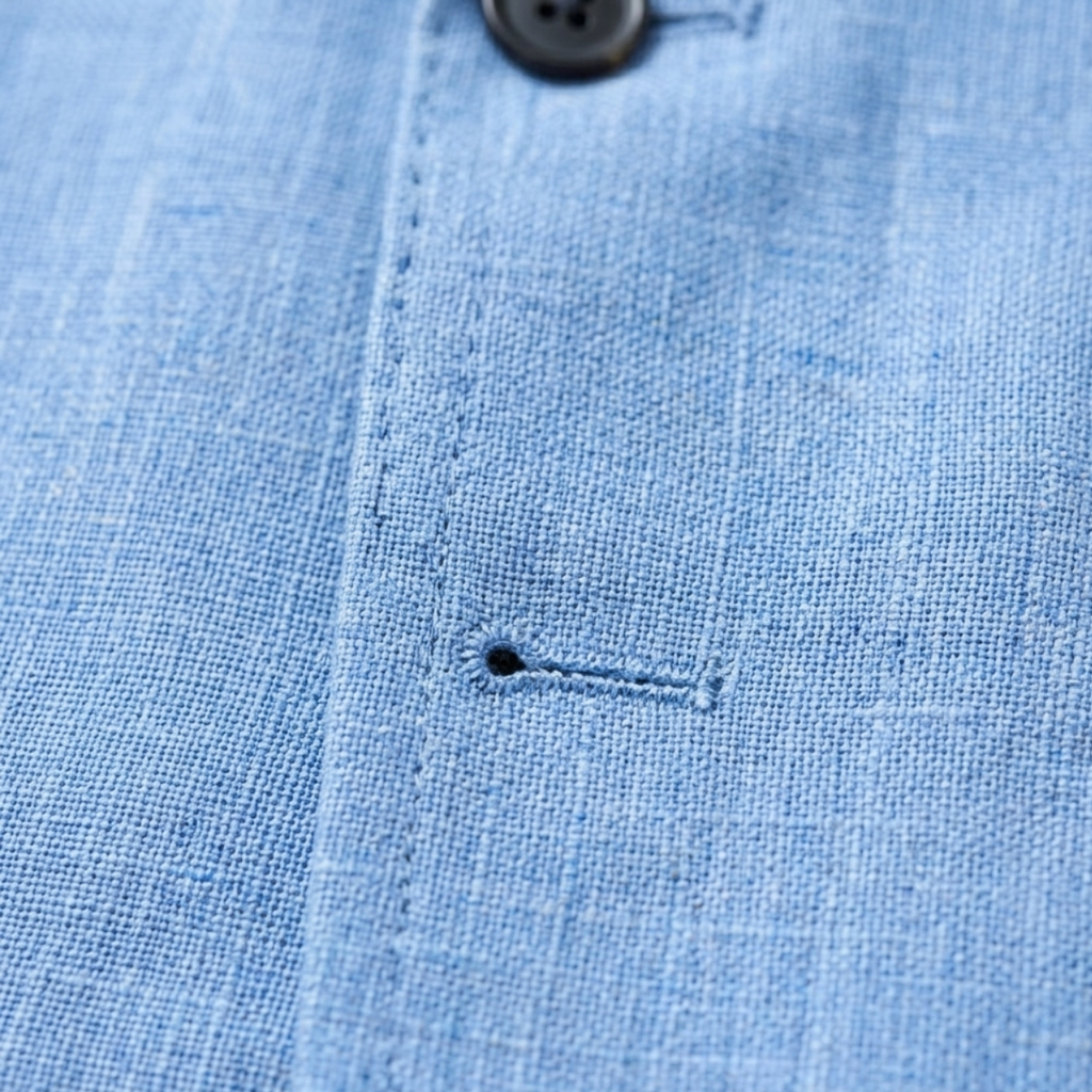 Light blue linen blazer with visible button and stitched lapel seam